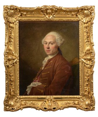 an old painting of a man in a red coat and white hair
