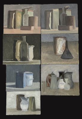 four different pictures of vases on a shelf