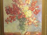 a painting of flowers in a vase on a table