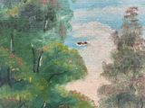 a painting of a boat in the water on the water