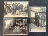 three old black and white photos of men and women standing in front of a fence