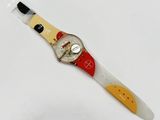 a close up of a wrist watch with a red and yellow band