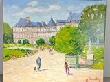 tableau représentant un couple promenant son chien dans un parc, avec un château en arrière-plan