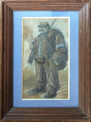 painting of a man with a hat and a cane in a wooden frame