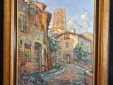 an oil painting of a street scene with a church in the background