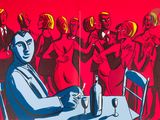 an image of a painting of a man sitting at a table with a glass of wine