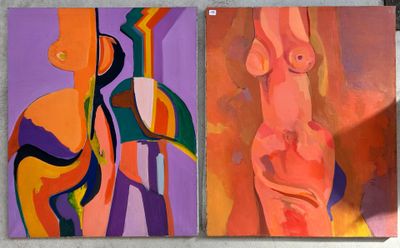 two paintings of a woman and a man are hanging on a wall