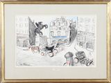 drawing of a man on a horse drawn carriage in a city