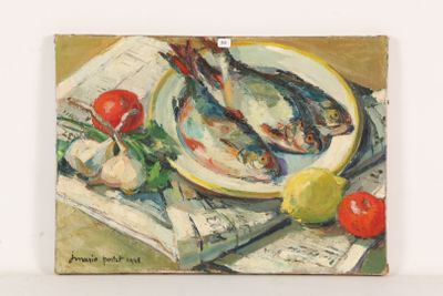 a painting of a fish on a plate with tomatoes and lemons