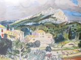 a painting on the wall of a room with a mountain in the background