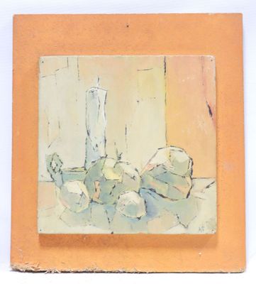 a painting of a vase and fruit on a table