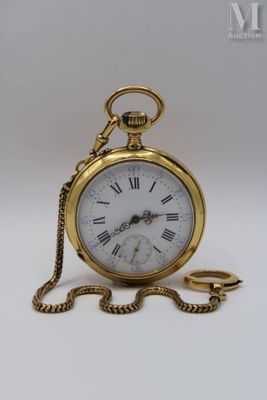 a gold pocket watch with a chain around it