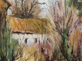 an oil painting of a house in a field with trees in the foreground