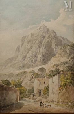 a picture of a painting of a mountain in the background