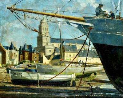 un tableau représentant un bateau dans un port, avec une église en arrière-plan