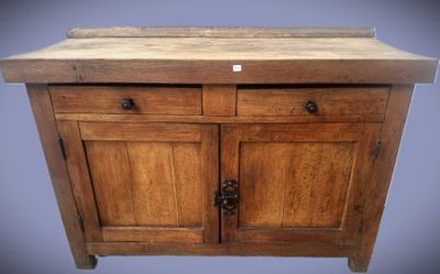 an image of a wooden cabinet with two doors and a drawer