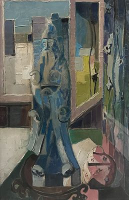 a painting of a vase on a table in front of a window