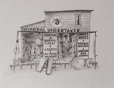 dessin au crayon représentant un magasin avec une enseigne indiquant « pompes funèbres »
