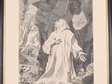 tableau représentant un homme debout dans une grotte, un oiseau dans la main
