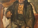 painting of an old man sitting on a bed with a cane