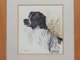 tableau représentant un chien noir et blanc, dans un cadre en bois