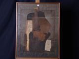 tableau représentant un homme assis sur une chaise, un livre devant lui