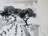 a black and white drawing of a tree in the middle of a field