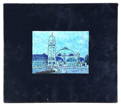 an image of a painting of a building with a clock tower