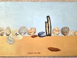 une peinture représentant des coquillages et un cactus sur la plage