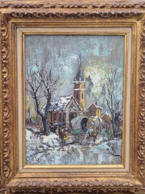 an oil painting of a church in the snow with a horse drawn carriage