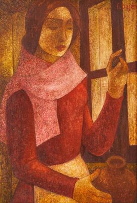 une peinture à l'huile représentant une femme en robe rouge tenant une cruche