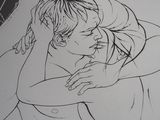 a drawing of a man and a woman laying on a bed
