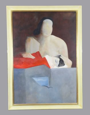 une peinture à l'huile représentant un homme allongé sur un lit avec un chat