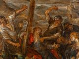 an image of a painting of a group of people holding a cross