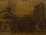 painting of two men sitting at a table with a drum in front of them
