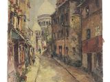 une image représentant une peinture d'une rue avec des bâtiments et un dôme en arrière-plan