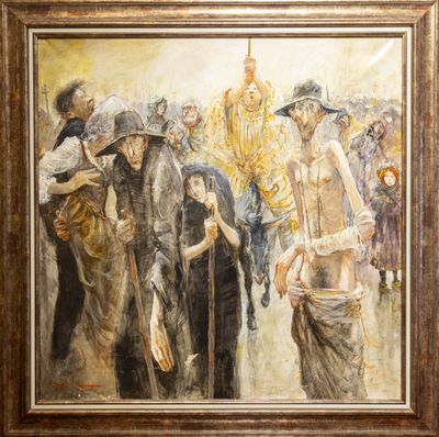 une peinture à l'huile représentant un groupe de personnes marchant dans une rue