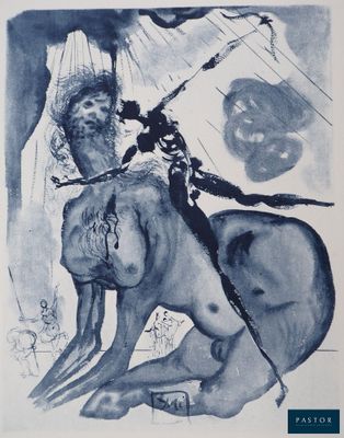an image of a blue and white drawing of a man on a horse