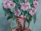 painting of purple flowers in a copper vase on a blue surface
