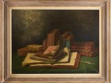 an oil painting of a book and some books on a table