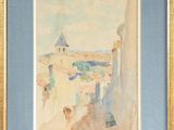 une aquarelle représentant une vue d'une ville