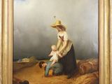une peinture à l'huile représentant une femme et un enfant dans un champ