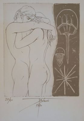 drawing of a nude woman hugging a man in front of a wall