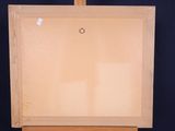 an easel with a piece of wood on top of it on a black background