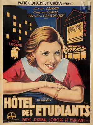 an old movie poster of a smiling woman in a red dress