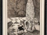 painting of a black and white picture of a vase and a rock