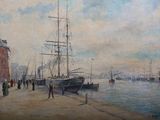 une peinture représentant une scène portuaire avec des bateaux et des gens