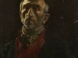 un tableau représentant un homme vêtu d'une chemise rouge et d'une veste noire