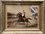a painting of a man riding a horse with a sword