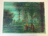 tableau représentant une calèche tirée par des chevaux dans un champ bordé d'arbres